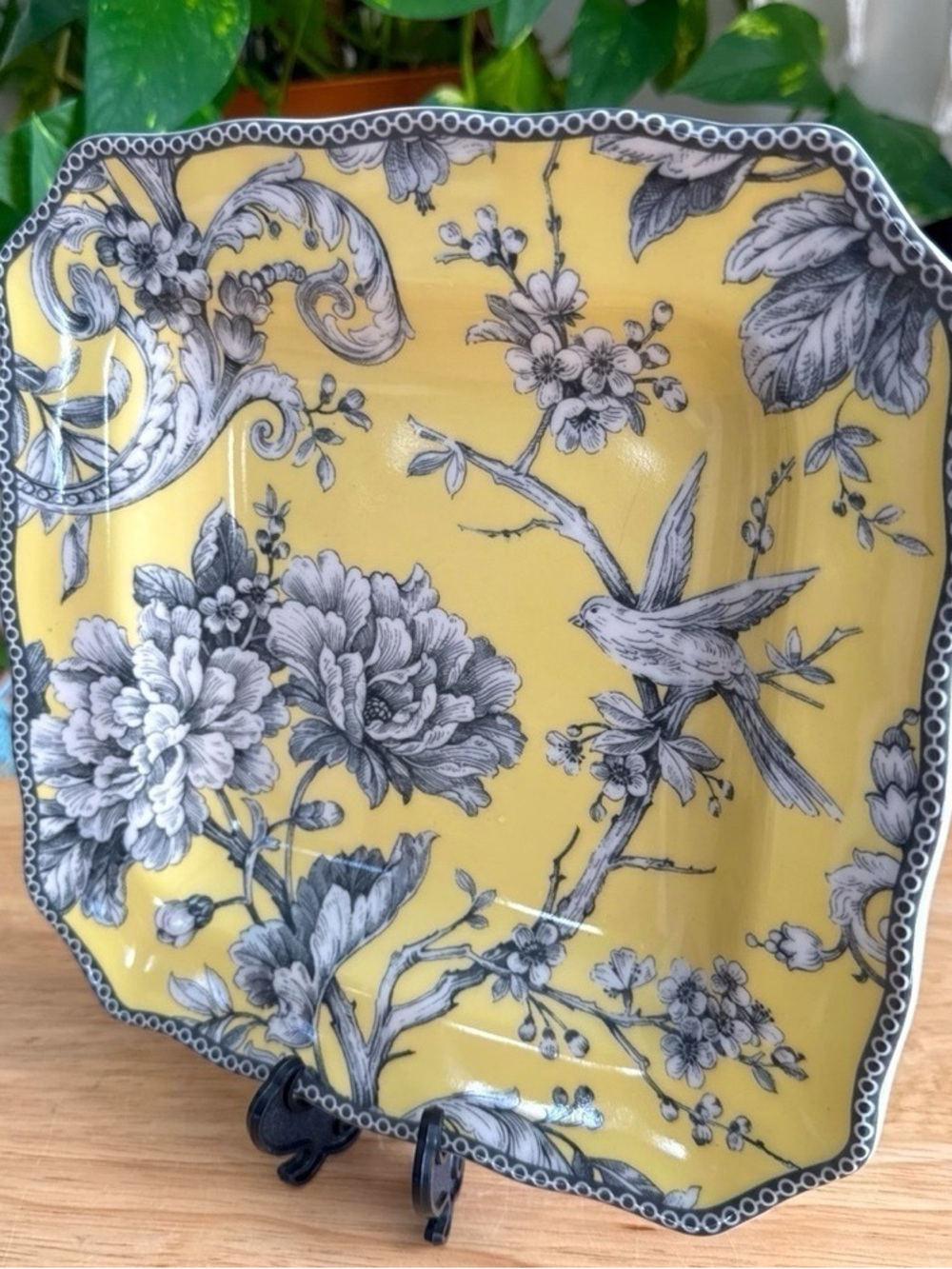 222 Fifth Adelaide Yellow Porcelain 8.5” Toile Floral Salad Plate Set of 2 - Picture 4 of 6